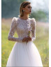 Long Sleeves Beaded White Lace Tulle Vintage Wedding Dress